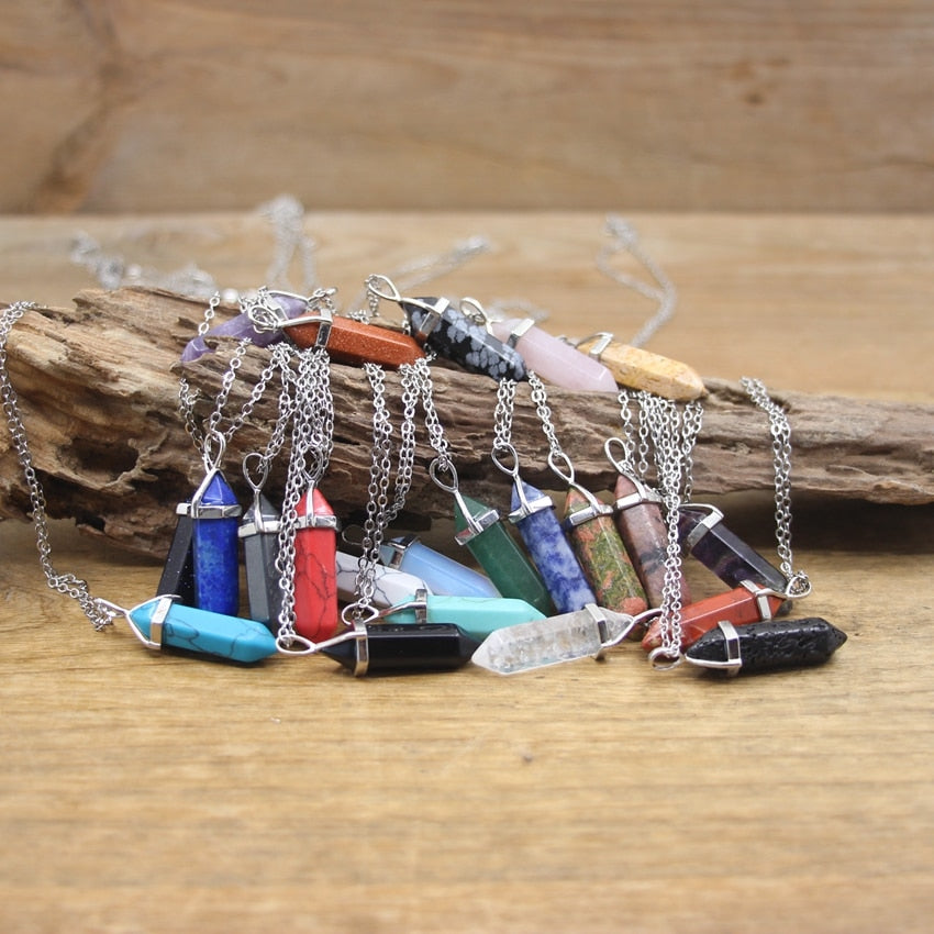 Hexagonal Point Pendants Necklaces with Natural Stones