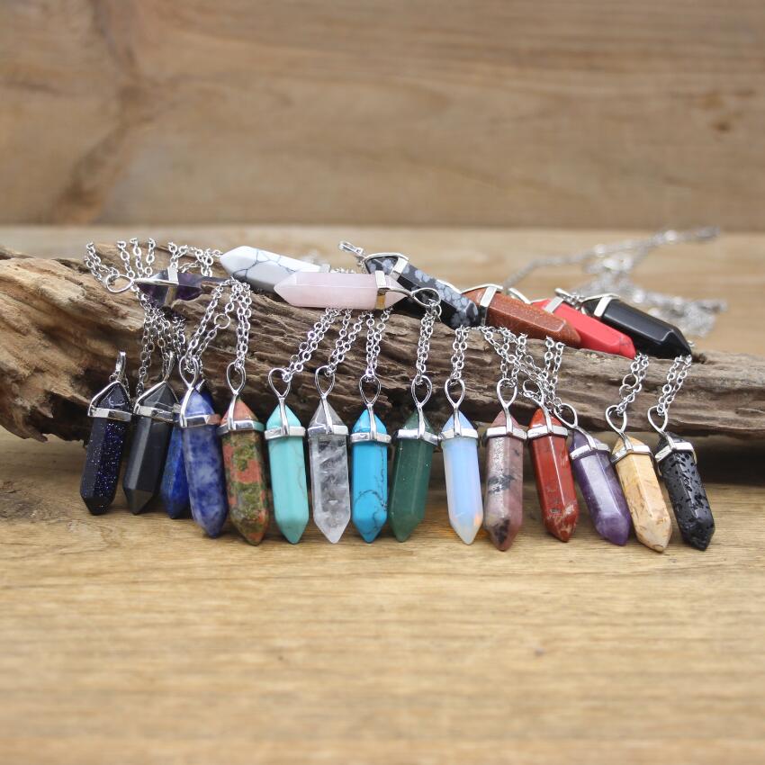 Hexagonal Point Pendants Necklaces with Natural Stones