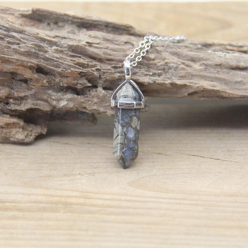 Hexagonal Point Pendants Necklaces with Natural Stones